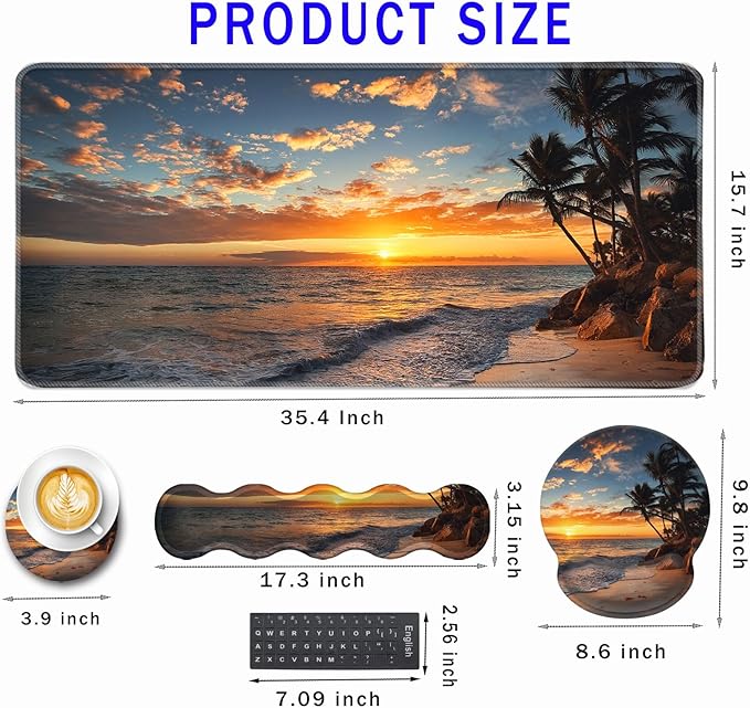 Mouse PadLarge Pink Desk Mat 4in1 XXL Mousepad + Keyboard Wrist Rest+Mouse Wrist Rest+Coaster Set with Ergonomic Desk Pad for Home Office Table Computer-Sunset Beach