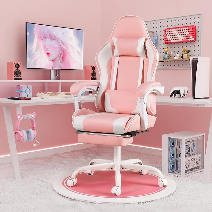 Homall Gaming Chair Video Game Chair with Footrest and Massage Lumbar Support Ergonomic Computer Chair Height Adjustable with Swivel Seat and Headrest (Pink)