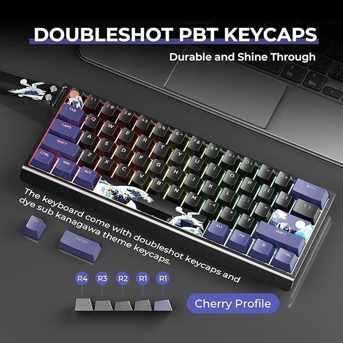 HITIME x XVX 60% Percent Keyboard with Strap H61 Wired Aluminum Gaming Keyboard Hot Swappable Kanagawa Anime PBT Keycaps RGB Backlit Cherry Profile Sound Absorbing Pads Creamy Linear Switch
