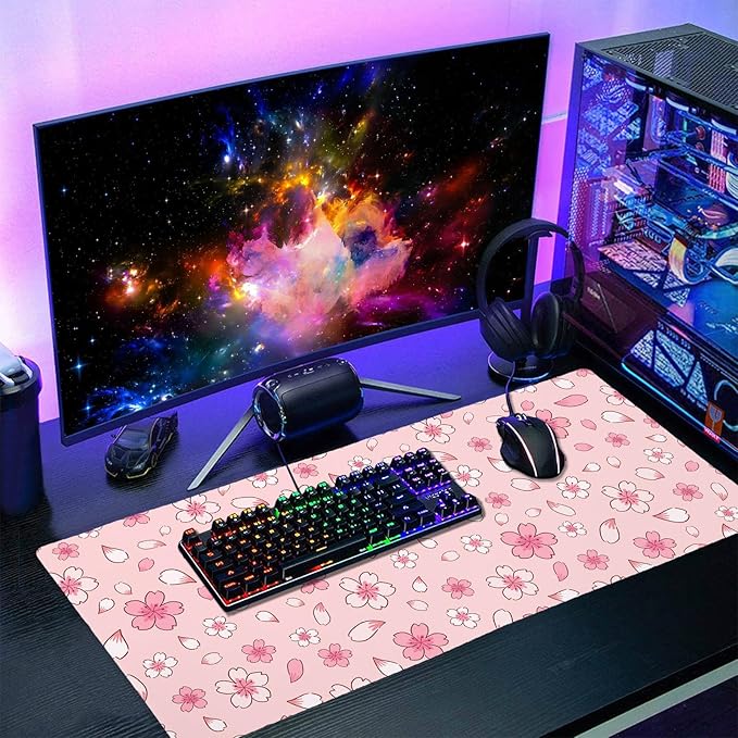 Pink Cherry Blossom Gaming Mouse Pad Extended 3XL Cute Anime Aesthetics Floral Kawaii Flower Large Mousepad Non-Slip Rubber Base Stitched Edge Long Keyboard Desk Mat for Computer47.2x23.6 In120x60cm
