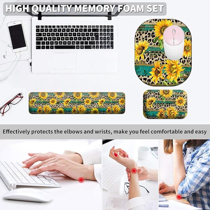 Keyboard Wrist Rest and Mouse Pad Set Keyboard Wrist Support + Small Mouse Pad + Elbow Arm Rest Pad + Coaster Ergonomic Memory Foam Wrist Rest for Computer Keyboard Leopard Sunflower