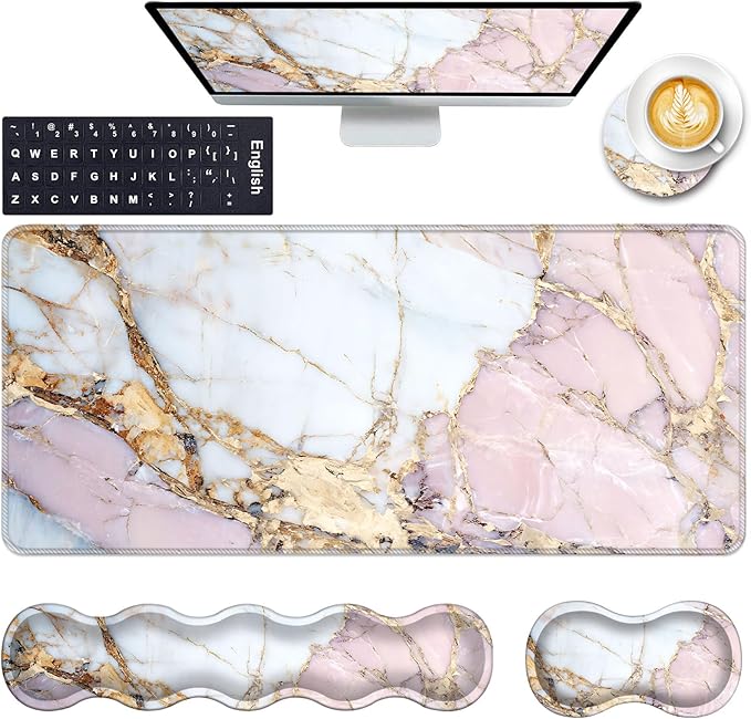 Keyboard Wrist Rest and Mouse Pad with Wrist Support Set Ergonomic CoasterMemory FoamEasy Typing Pain ReliefLarge XL Desk Mat 31.5x 11.8Colorful Marble