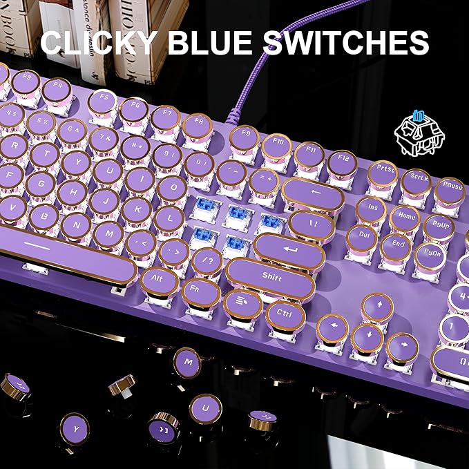 MageGee Typewriter Mechanical Gaming Keyboard Retro Punk Purple Round Keycaps 104 Keys LED White Backlit Wired Keyboards for Laptop MAC PC Gamer with Magnetic Wrist Rest Blue Switch