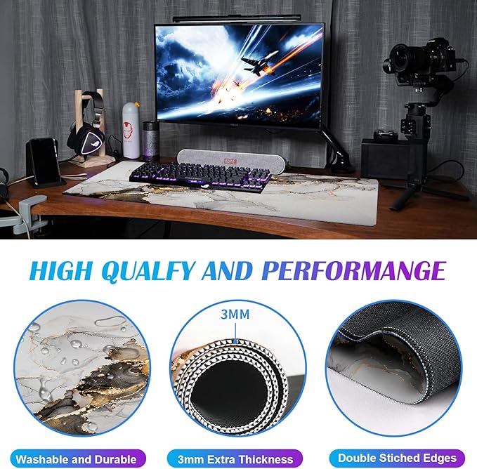 Large Extended Gaming Mouse Pad with Stitched Edges Non-Slip Waterproof Rubber Base Mouse Pad for Office Computer Keyboard Laptop and Home Desk Pad 35.4 x 15.7 x 0.12 Inch (Marbling)