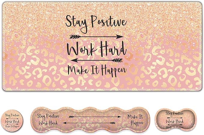 Extended Gaming Mouse Pad Keyboard Wrist Rest Pad Wrist Support Mousepad Set Artso Large Rubber Base Stitched Edges Desk Pad (35 x15.5 in) for Work Game Office Home Pink Orange Stay Positive