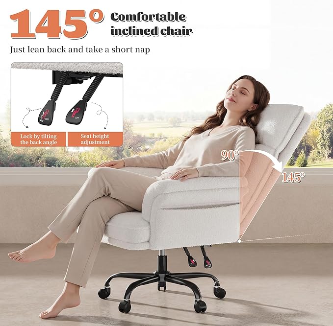 Criss Cross Chair with Armrests &amp Wheels for Cross-Legged SittingErgonomic Computer Gaming Chair with Two Side PocketsTeddy Plush Wide Seat Reclining Desk Chair for HomeOfficeBeige