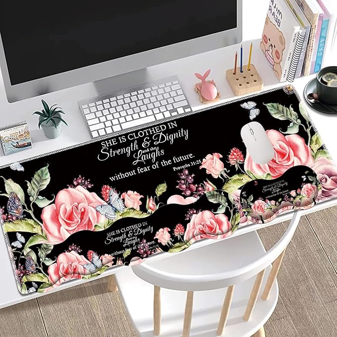 Large Gaming Mouse Pad + Keyboard Wrist Rest + Wrist Support + Coaster Set Memory Foam Ergonomic for Easy Typing XXL Extended Gaming Mouse Pad Table Pad - Proverbs 31:25 Flower