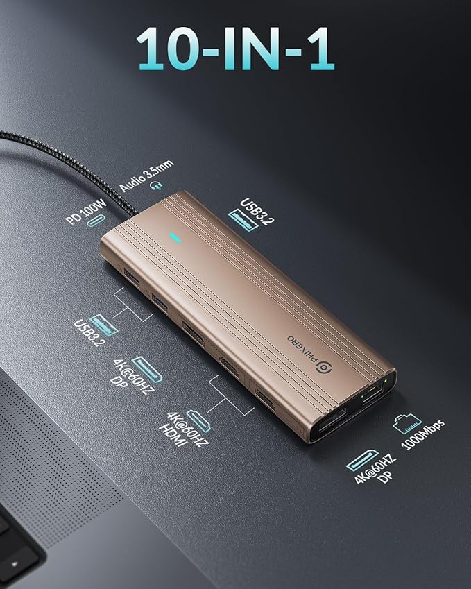 PHIXERO 10 in 1 USB Docking Station Dual Monitor 4K@60HZ for Mac M1/M2 Displaylink Dock with 2 HDMI &amp 2 DP 100W PD 3 USB 3.2Gen2 [10 Gbps] Ethernet Audio Compatible with Thunderbolt Windows