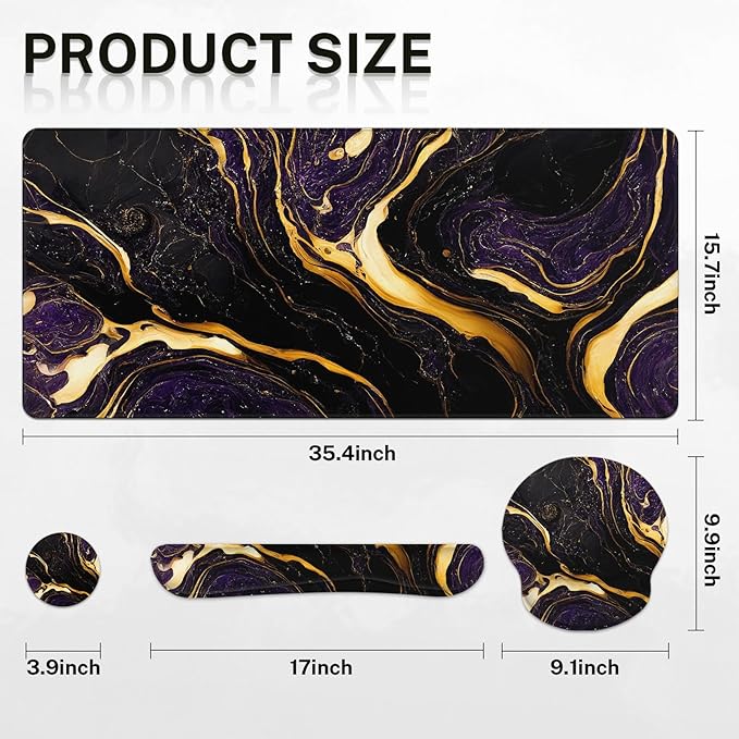 Britimes Purple Black Gold Marble Keyboard Mouse Pad Set 4in1 Large Mousepad+Keyboard Wrist Rest+Mouse Wrist Rest+Coaster Ergonomic Design for Home Office Computer 35.4x15.7 inches