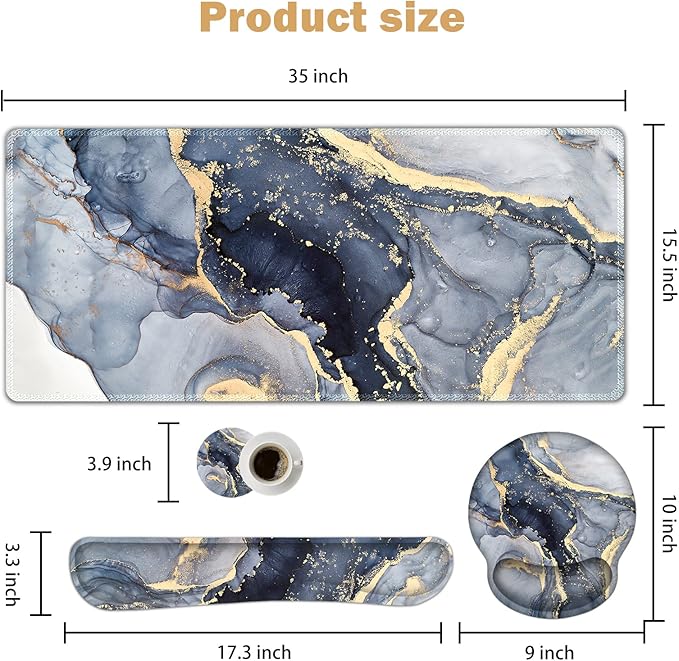 ARTSO Large Mouse Pad Ergonomic Keyboard Wrist Rest Support Combo Memory Foam Gel Extended Desk Mat Protector Non-Slip Desk Blotter Dark Blue Marble