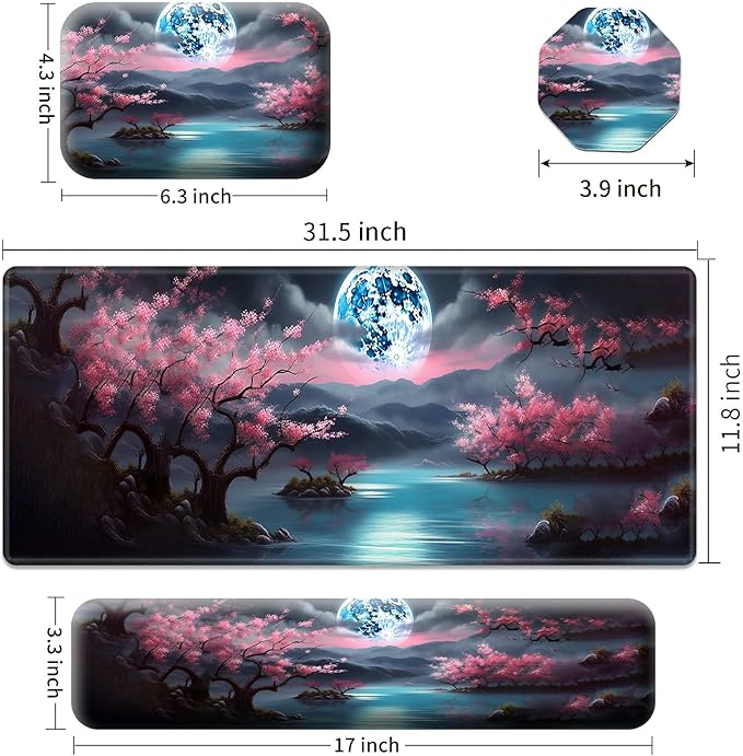 Large Gaming Mouse Pad+Memory Foam Ergonomic Keyboard Wrist Rest Support+Wrist Rest+Coaster Extended Desk Pad Set Stitched Edge Non Slip Desk Mat 4PC for Office &amp Home Moon Cherry Blossom