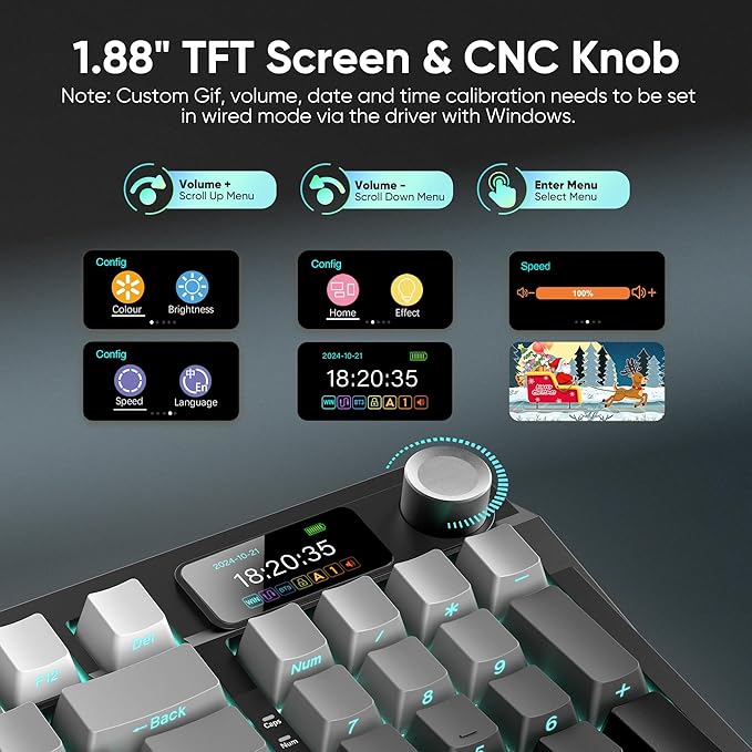RedThunder K95 Wireless Mechanical KeyboardTFT Screen &amp Knob Trip-Modes Connection Gasket Custom Hot-Swap Keyboard RGB Backlit Pre-lubed Linear Switches Side Printed PBT Keycaps Gray Gradie