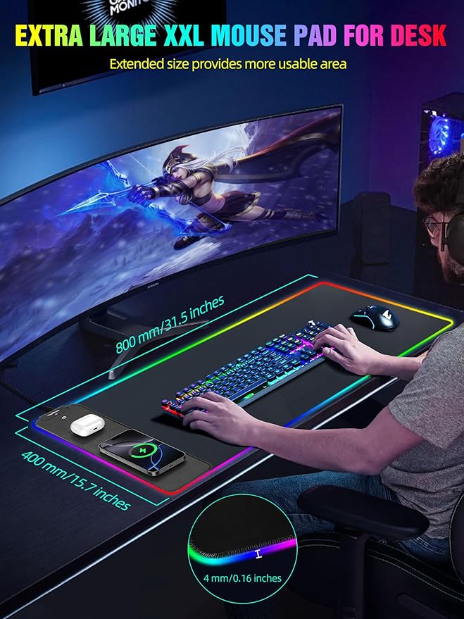 TopMade Wireless Charging RGB Mouse Pad Waterproof Gaming Desk Mat with 4 Light Modes &amp 11 RGB Colors 31.5x15.75 XXL Large Desk Pad(Includes 20W PD Power Adapter &amp 6.56ft Woven Cable)