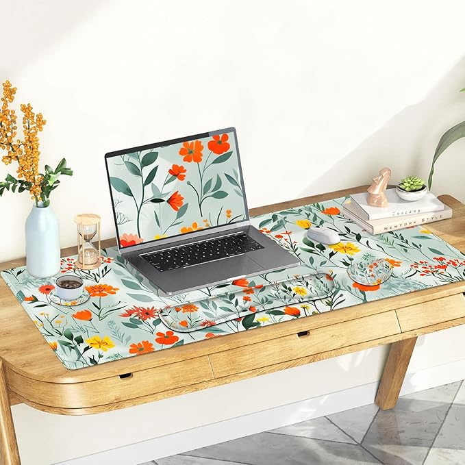 Large Gaming Mouse Pad Set 4 in 1 Ergonomics Keyboard Desk Mat Memory Foam Wrist Rest Computer PC Extended Game Mousepad Non-Slip Desk Matt Easy Typing Pain Relief I Blooming Orange Florals