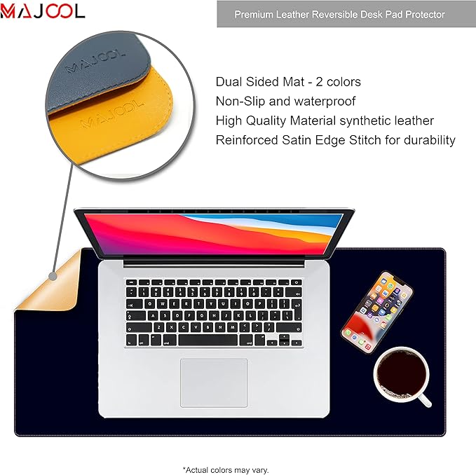 MAJOOL Leather Double-Sided Desk Pad Protector Mouse Pad Office Desk Mat Large Mouse Pad Waterproof Desk Writing Pad for Laptop Computer Desk (23.6x13.7) (Navy Blue | Orange)