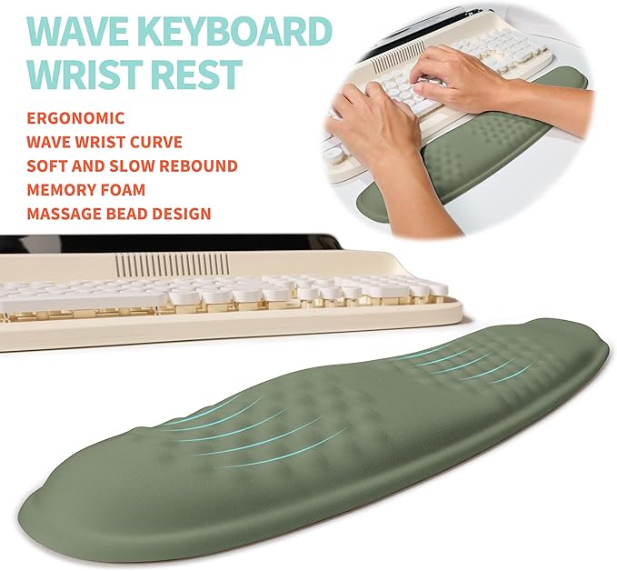 2-in-1 Ergonomic Set Wave Rise Keyboard Wrist Rest and Massage Bulge Slope Mouse Pad Wrist Support Cushion Memory Foam Integrated to Relieve Wrist Pain Olive Green