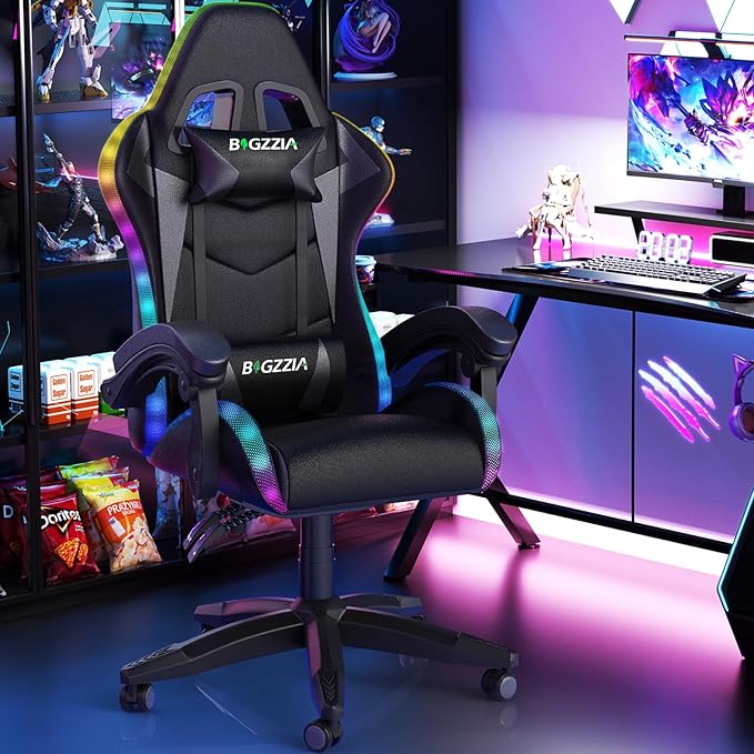 Gaming Chair with RGB LED Lights Ergonomic Computer Chair with Headrest and Lumbar Support PU Leather High Back Height Adjustable Swivel Video Game Chairs for Adults(Black)