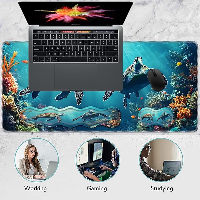 Keyboard Wrist Rest and Mouse Pad Set31.5x11.8 Inches Desk MatWaterproof Non-Slip Ergonomic Wrist Support for Pain ReliefExtended Desk Protector for Office Home GamingCute Turtle