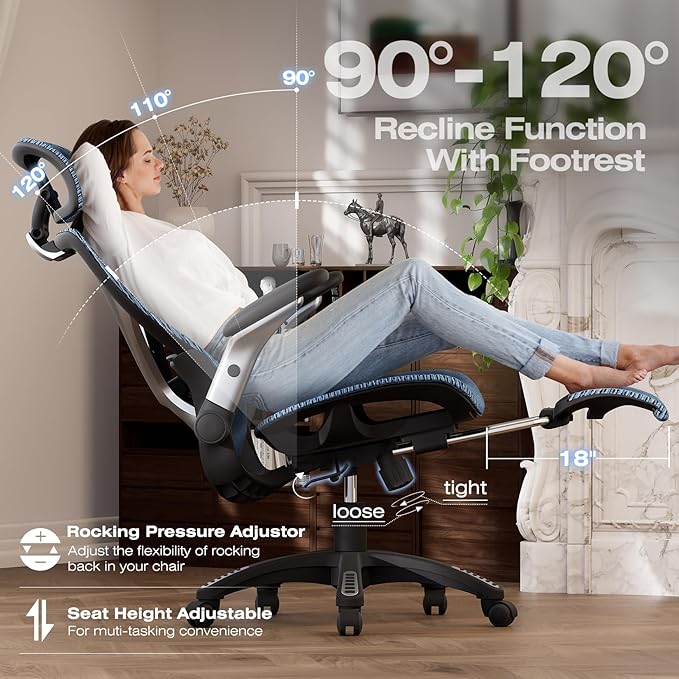 ELABEST X100 Ergonomic Office Chair with Footrest Big and Tall Home Desk Chair with 5D Flip-Up Arms Adjustable 3D Lumbar SupportHigh Back Rolling Computer Chair Swivel Mesh Chairs (Oaxaca Blue)
