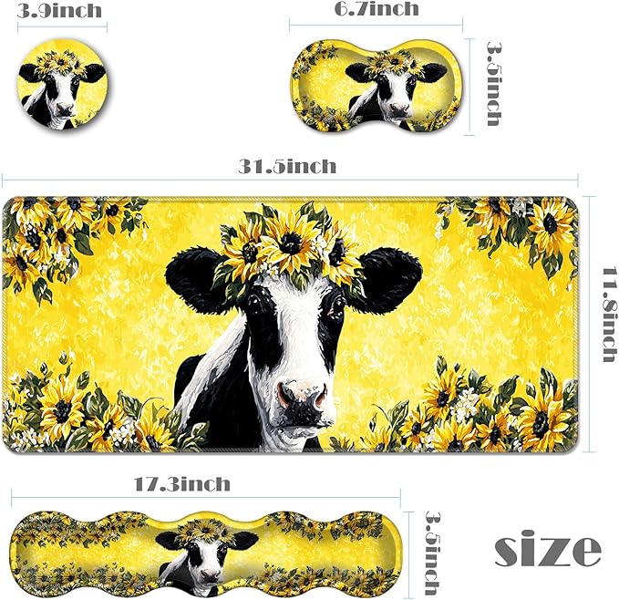 Ergonomic Keyboard Wrist Rest &amp Mouse Pad Wrist Rest SetXL Gaming Desk Mat 31.5x 11.8Non-Slip BaseMemory FoamEasy Typing Pain Relief for Office &amp HomeCow with Sunflower Crown