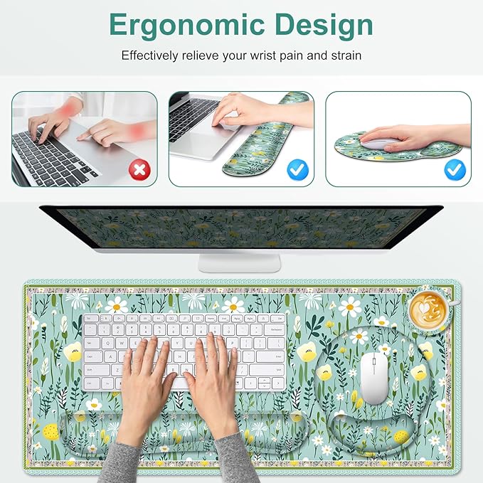 Floral Desk Mat 4in1 Large Mouse Pad with Wrist Rest Desk Matt for Desktop Desk Pad Mat Anti-Slip XXL Computer Ergonomic Mousepad with Wrist Support for Keyboard and Mouse I Green Elegant Flowers