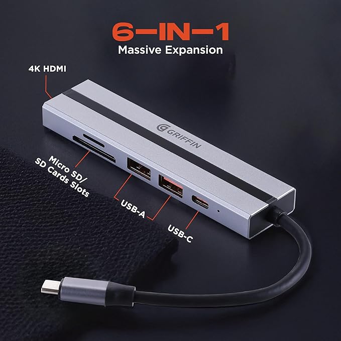 Griffin 6-in-1 USB C Hub Multiport Adapter 100W USB C Charging Hub with 4K HDMI SD/TF Card Reader 2 USB-A Ports for Laptop and PC