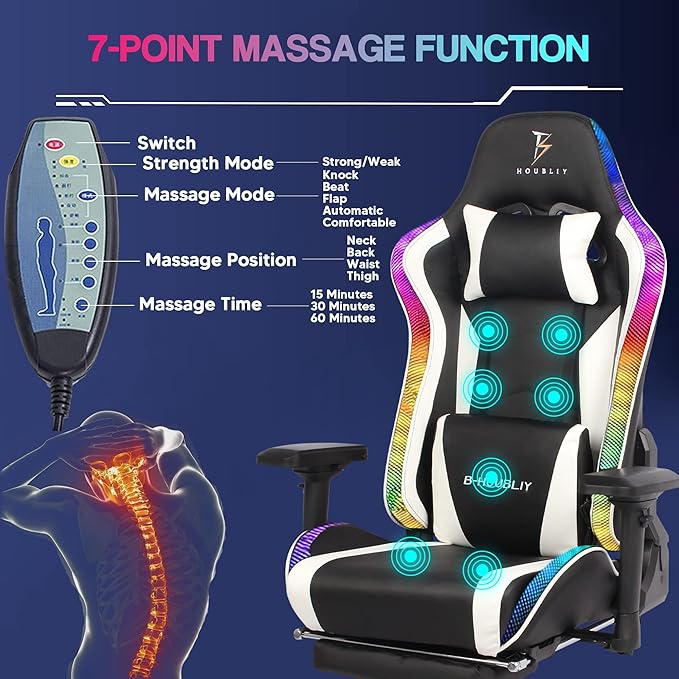 Gaming Chair with Bluetooth Speakers RGB Video Game Chairs with Full Massage PU Leather Ergonomic Pro Desk Chairs PC Racing Style Silla Gamer for Adults TeensRed