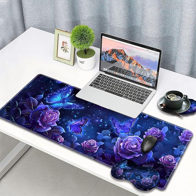 Large Gaming Mouse Pad + Wrist Rest + Lace Coaster Non-Slip Set with Sewn Edges and Waterproof Expandable Desktop Pad Suitable for Office/Home Purple Roses and Butterflies