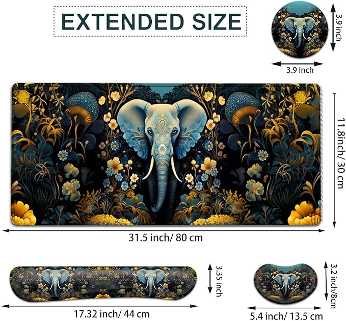 JVGFYNKL Large Gaming Mouse Pad Set Ergonomic Memory Foam Keyboard Wrist Rest Support + Mouse Wrist Rest + Extended Desk Mat with Non-Slip Rubber Base The Golden Elephant Pattern Desk Pad