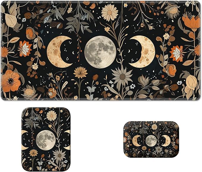 Wrist Rest Pad Small Mouse Pad and Office Desk Mat Set 3 in 1 Desk Pad 11.8 x 23.6+Mousepad +Mouse Wrist Rest with Ergonomic Design Non-Slip for Home Gaming Computer Flower Moon