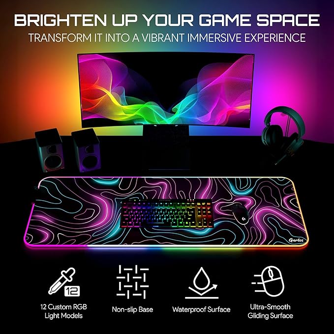 Gerlos RGB Large Gaming Mouse Pad Extended Soft LED Mouse Pad Non-Slip Rubber Base Water Resist Keyboard Pad Computer Mousepad 31.5×11.8 inches