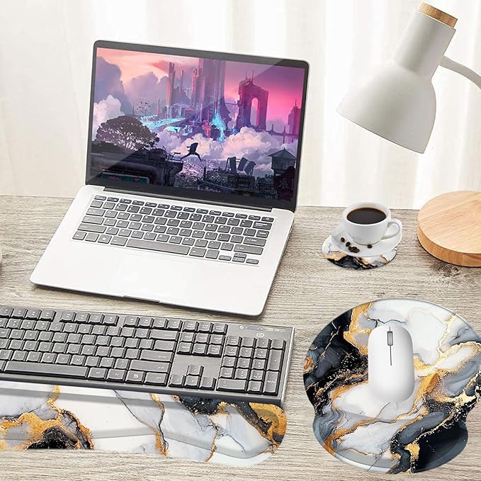 Keyboard Wrist Rest and Mouse Pad Wrist Support Set with CoastersNon-Slip PU Base Ergonomic Gaming Mousepad for Home Office Working Studying Easy Typing &amp Pain ReliefBlack Gold Marble