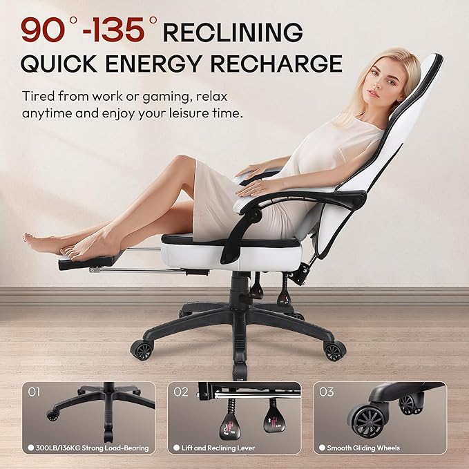 Dowinx Gaming Chair Breathable PU Leather Gamer Chair with Footrest Massage Lumbar Support Big and Tall Ergonomic Reclining Computer Chair with Pocket Spring Cushion for Adults Teens (Black&ampWhite