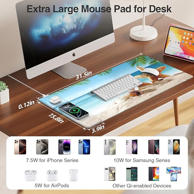 Wireless Charging Mouse Pad 31.5x15.8 Large Gaming Desk Mat for Keyboard/Laptop Waterproof Ultra-Smooth Surface Non-Slip Base with 20W PD Adapter Summer Beach