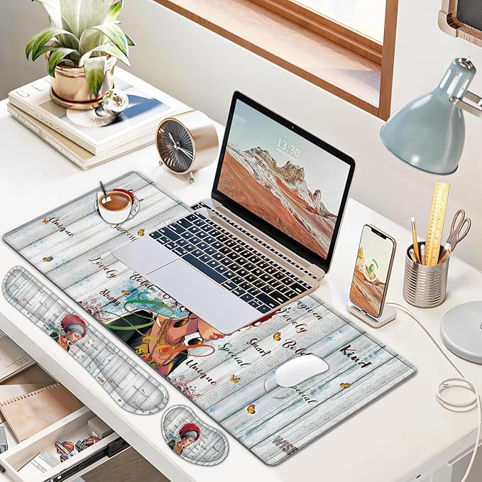 JVGFYNKL Large Gaming Mouse Pad Set Ergonomic Memory Foam Keyboard Wrist Rest Support + Mouse Wrist Rest + Extended Desk Mat with Non-Slip Rubber Base Cartoon African Girl Pattern Desk Pad