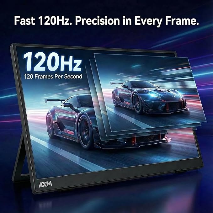 AXM 16 2.5k 2560x1600 Portable Monitor IPS 120Hz 400 Nits 140% sRGB (OLED-Like Colors) USB-C HDMI 2nd Monitor for Switch (Dock-Free) Connection Laptop Windows MacBook Phone Xbox PS5