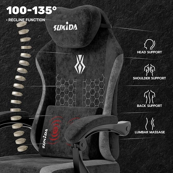 SUKIDA Fabric Video Gaming Chair Ergonomic High-Back Computer Game Chairs with Large Massage Adjustable Lumbar Support Headrest and Linked Armrests for Long Hours Sitting Task Chair Black