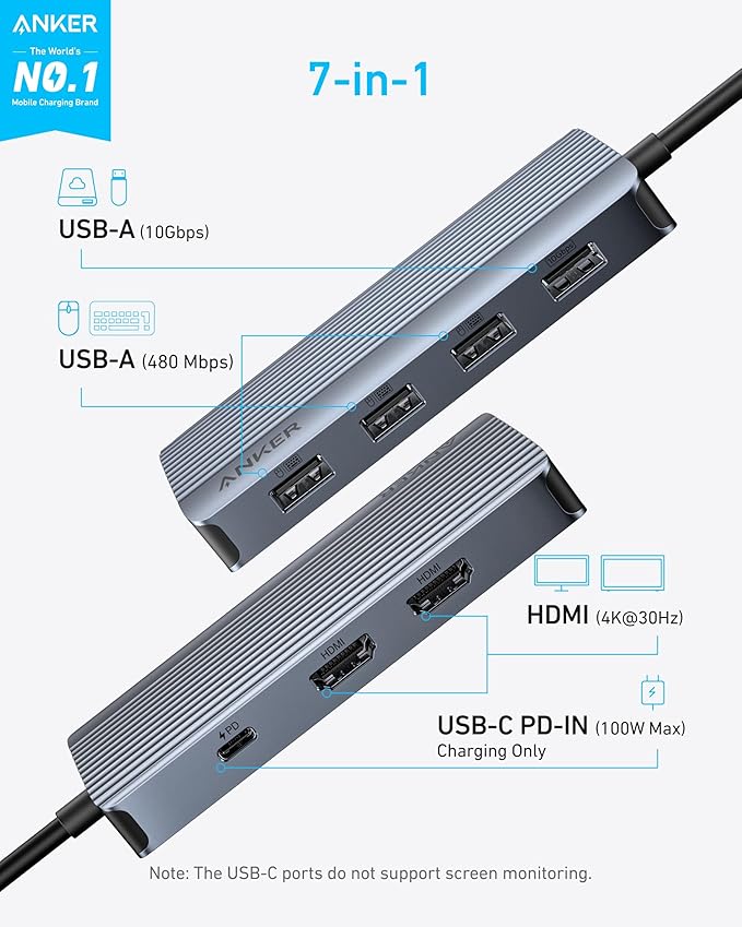Anker 7-in-1 USB-C Hub Dual Monitor USB C Docking Station Dual HDMI Display 85W Max Output 10Gbps Data Transfers for Dell XPS ThinkPad T14 Gen2 and More