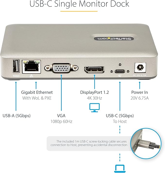 StarTech.com USB C Dock - USB-C to DisplayPort 4K 30Hz or VGA - 65W USB Power Delivery Charging - 4-Port USB 3.1 Gen 1 Hub - Universal USB-C Laptop Docking Station with Ethernet TAA (DKM30CHDPD)