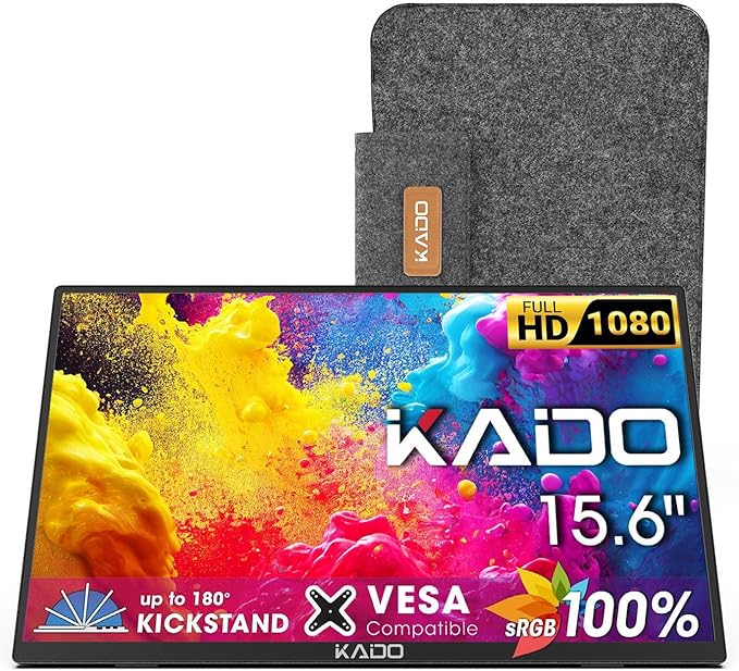 Kado Portable Monitor 15.6'' 1080p 100% sRGB USB-C HDMI Gaming Monitor Ultra-Slim Display Built-in Speakers External Monitor 180° Kickstand Wall/Arm Mount for Laptop PC Phone Mac Xbox PS4/PS5 Switch