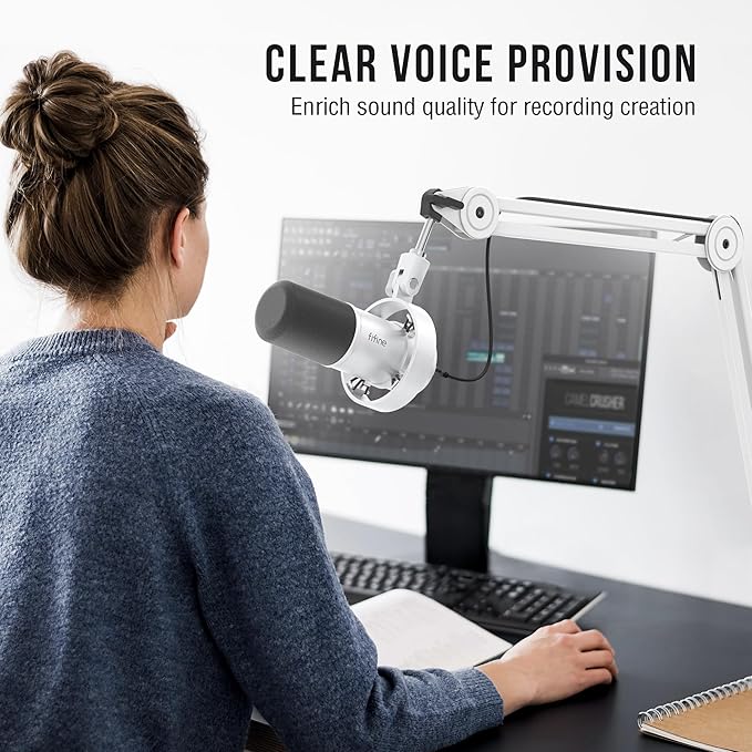 FIFINE Podcast XLR/USB Microphone Kit Studio Dynamic Vocal Mic for Recording Streaming Voice-Over PC Microphone with Boom Arm with Mute Headphone Monitoring Metal-AmpliTank K688T White