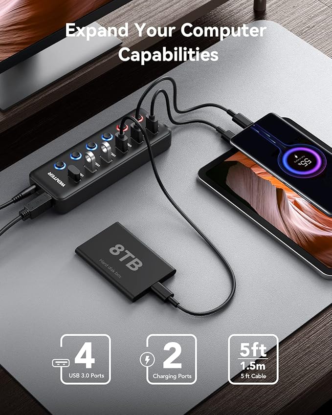 Powered USB Hub Wenter 6-Port USB 3.0 Hub Splitter (4 USB 3.0 Data Ports + 2 QC 3.0 Fast Charging Ports) with Individual LED On/Off Switches USB Hub 3.0 Powered with 36W AC Adapter for Mac PC