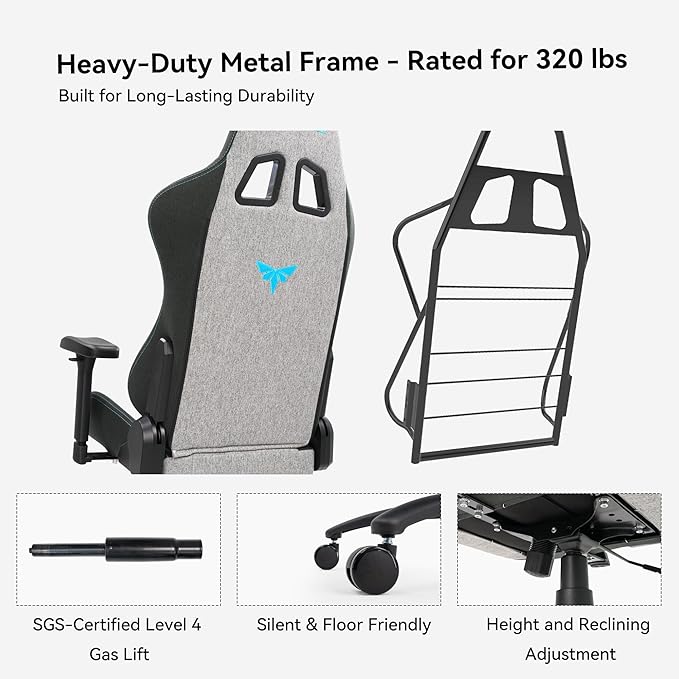 Gaming Chair 4D Adjustable Armrests - 155° Reclining &amp 320lb Capacity High Back Ergonomic Computer Chair with Lumbar Support Fabric Office Chair for Adults (Gray)