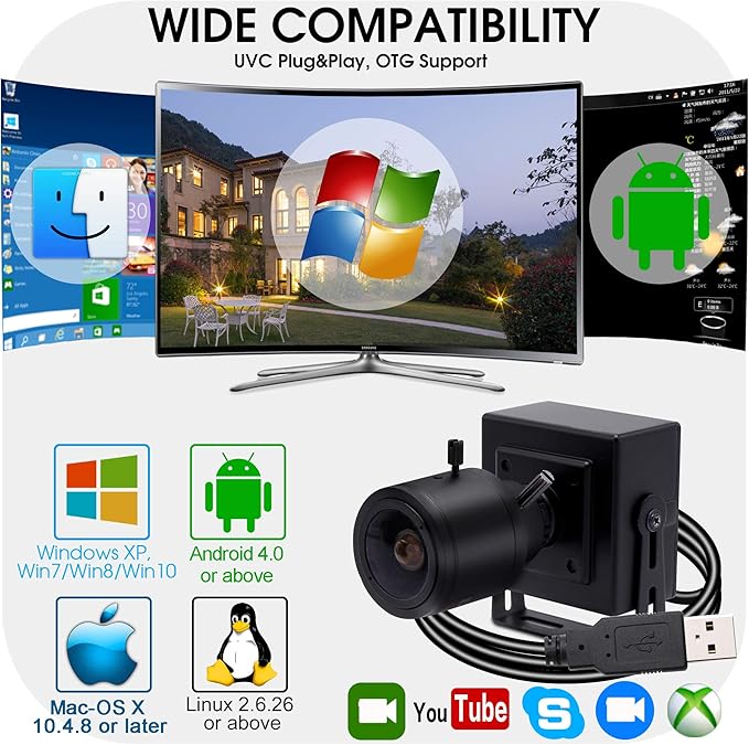 SVPRO Manual Zoom Focus USB Camera 2.8-12mm Varifocal Lens 2448P HD USB Web Camera 8MP High Definition with Sony IMX179 Sensor M12 Mount Lens Portable USB Camera with Metal Case and Bracket
