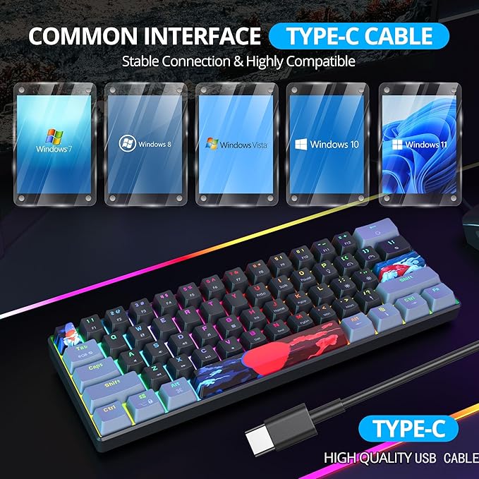 Protable 60% Percent Gaming Keyboard Mechanical Mini Compact RGB Backlit 61 Keys Wired Office Keyboard with Blue Switch for Mac/Win (Dark/Blue Switch)
