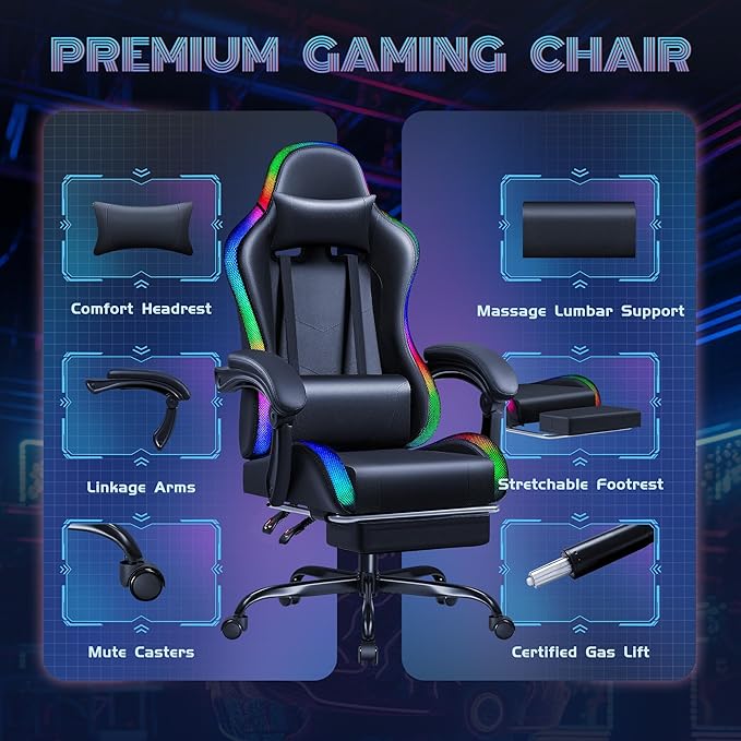 Furmax Gaming Chair with RGB LED Lights Video Game Chair with Footrest and Massage Lumbar Support High Back Reclining Computer Chair with Headrest Swivel Seat Gamer Chair (LED Black)
