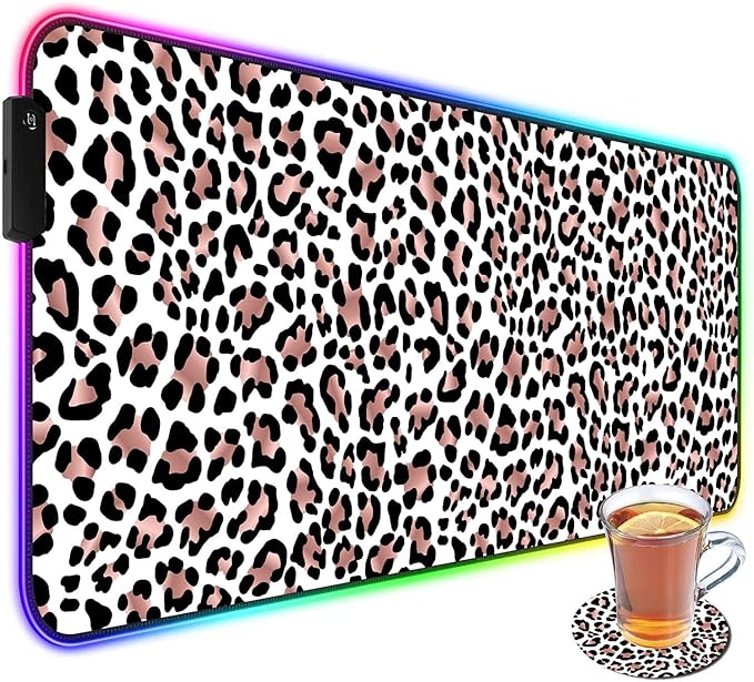 Customized RGB Gaming Mouse Pad and Coffee CoasterLarge Glowing Led Anti-Slip Rubber Base Computer Keyboard Desk Mouse Mat 31.4x11.8 InchLeopard Print