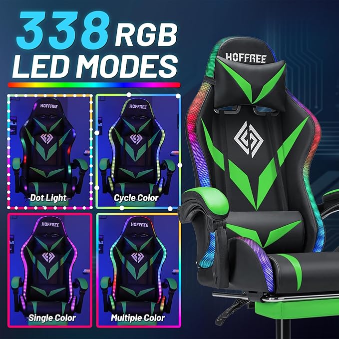 HOFFREE Gaming Chair with LED RGB Lights Massage Ergonomic Video Game Chairs with Footrest High Back Reclining Computer Chair with Adjustable Lumbar Support Green and Black