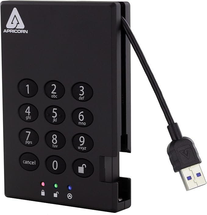 Apricorn 500GB Aegis Padlock USB 3.0 256-bit AES XTS Hardware Encrypted Portable External Hard Drive (A25-3PL256-500) and Apricon Aegis Secure Key 3NX