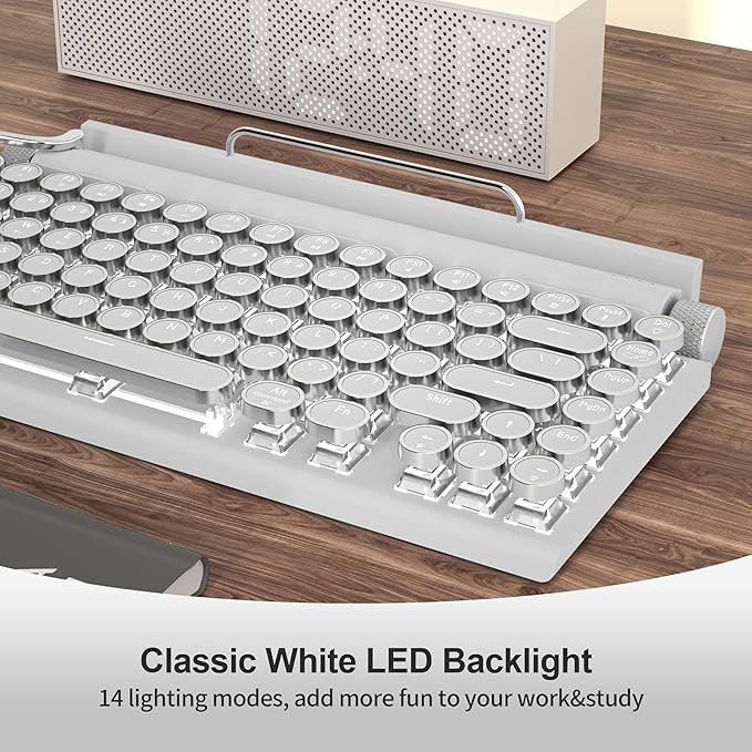 Retro Typewriter Wireless Mechanical Gaming Keyboard Bluetooth 5.0 Office Computer Vintage Keyboards 83-Key Blue Switches Punk Round Keycap LED Backlight Compatible with PC/Laptop/Pad/Phone White